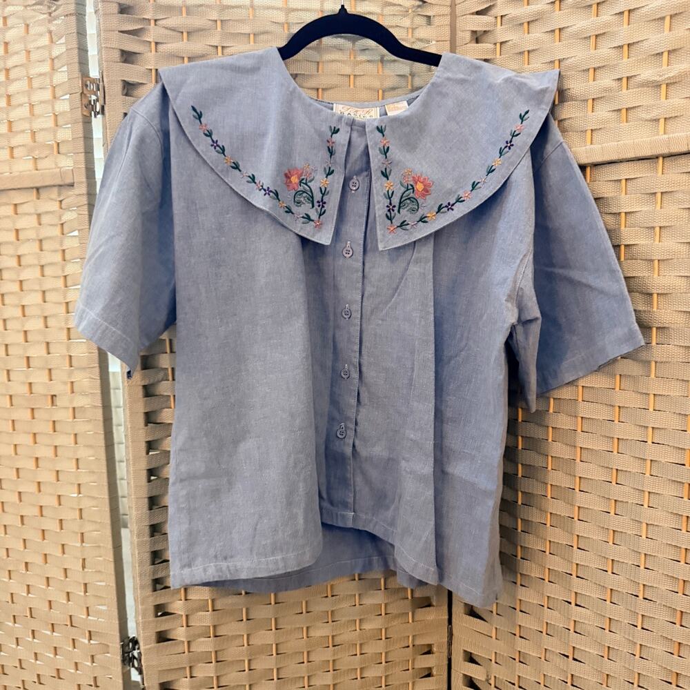 PHR Classic Vintage Bertha Wide Collar Blouse Blue L Floral Embroidery Design